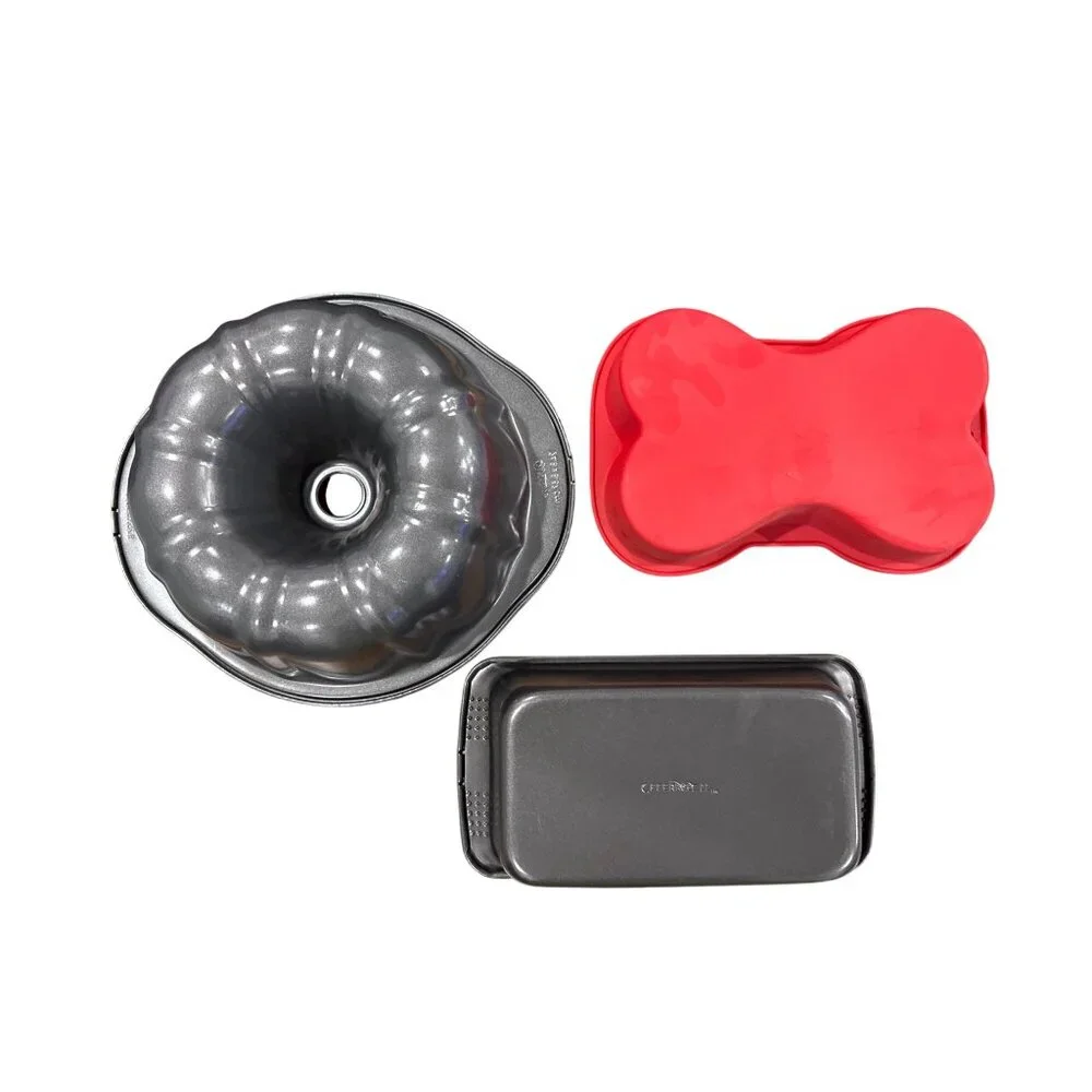 Set Of 3 Bakeware Pans: Dog Bone Silicone Mold Nonstick Bundt Pan & Loaf Pan